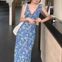 中式夏季法式v领小黄花真丝双绉无袖连衣裙超显白背心裙