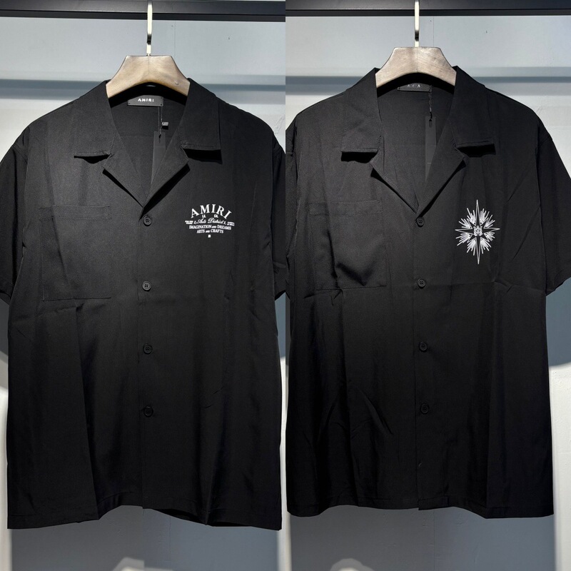 Cross-Border New Amiri Letter Print Casual Loose Shirt Trendyy Short-Sleeved Thin Lapel Shirt for Men and Women