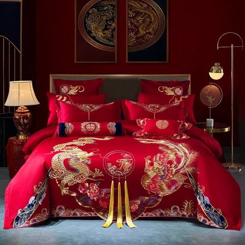 Long-staple cotton wedding four-piece wedding room bright red pure cotton high-end Chinese dragon and phoenix embroidery bedding Nantong City