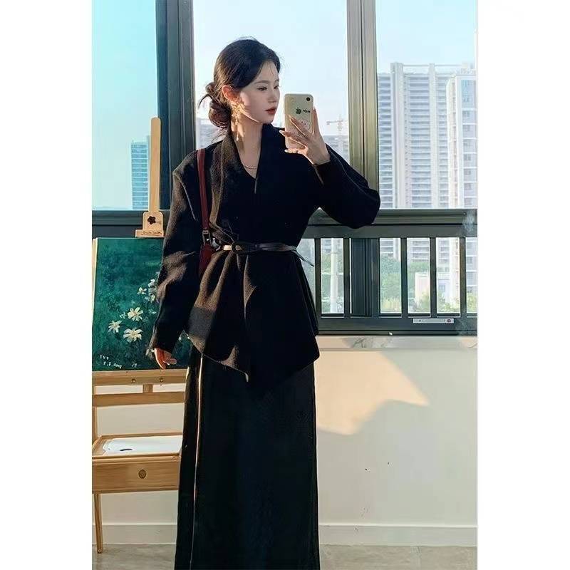 套装女2025秋冬季新款韩系高级感翻领针织毛衣开衫高腰显瘦半身裙|undefined