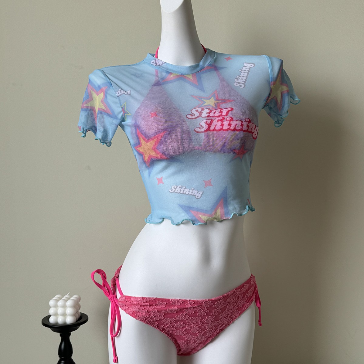 泰國小眾性感辣妹海灘度假玫紅粉花朵罩衫三件套可愛少女比基尼