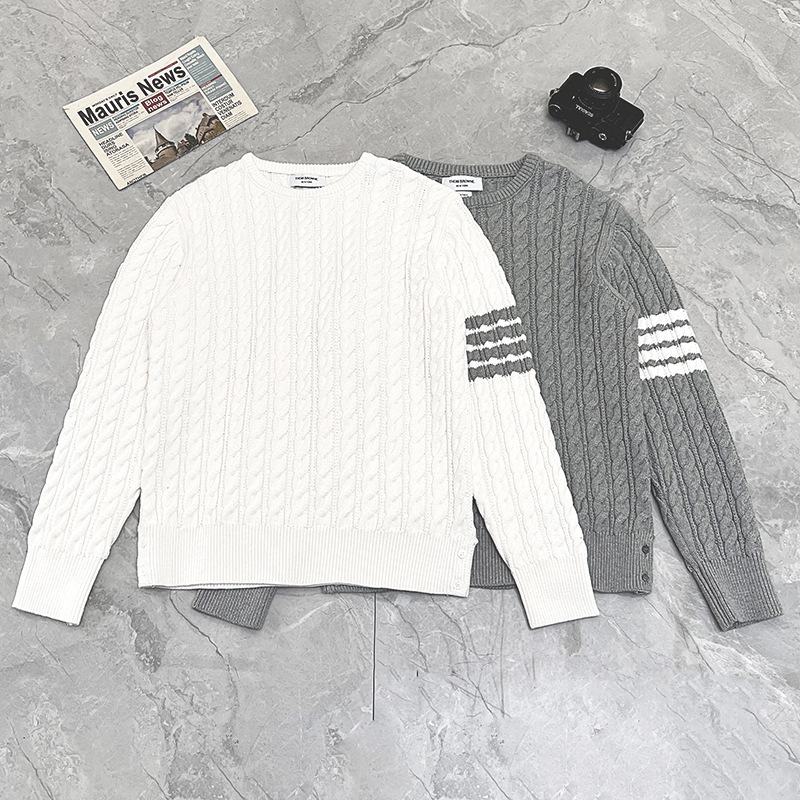 Tb Correct Version Twist Braided Round Neck Pullover Four Stripes Autumn and Winter Casual Versatile Knitted Sweater for Men and Women