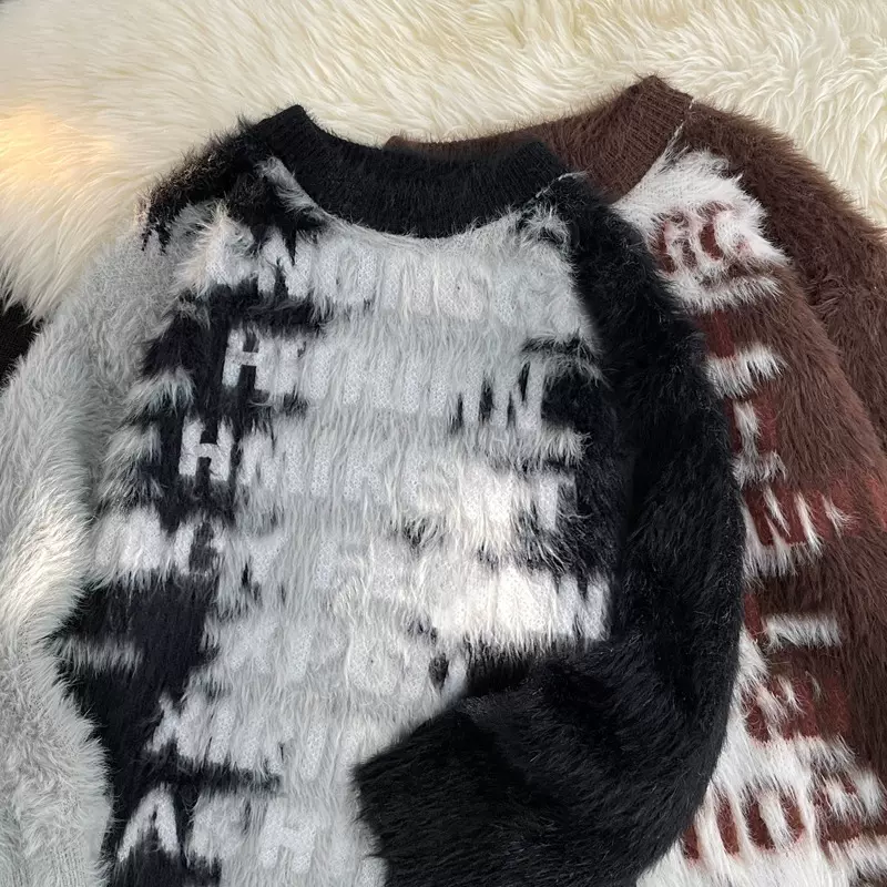 毛衣男美式高街渐变字母毛慵懒风设计感oversize圆领水貂毛针织衫