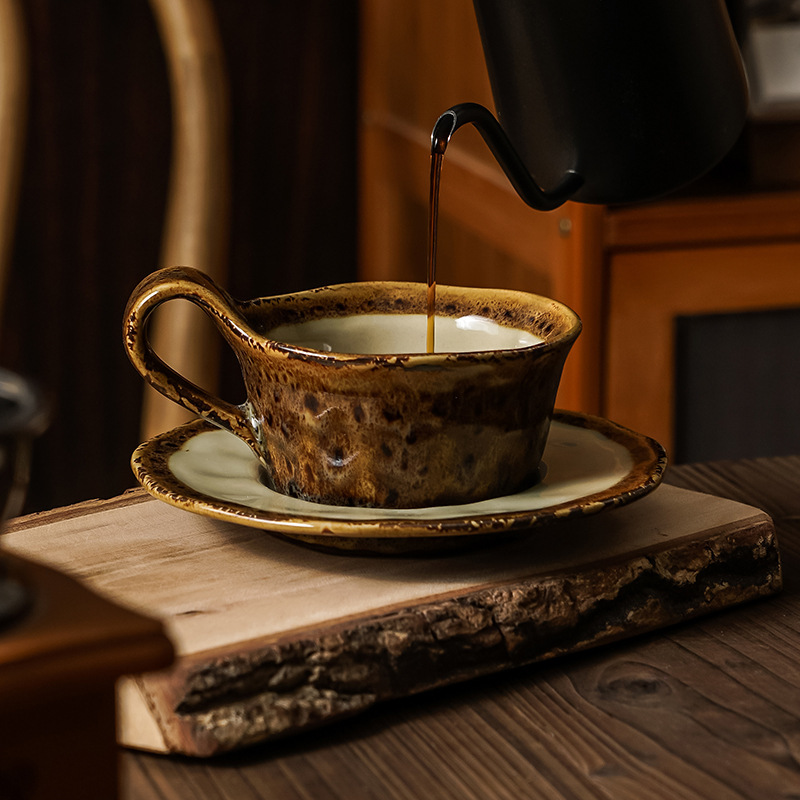 Coffee Cup and Saucer Set Ceramic Leopard Print Japanese Retro Bohemian Ins Creative Afternoon Tea Latte Art Cup Gift Box