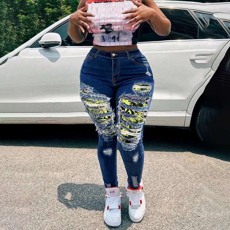 European and American Style Sexy Peach Butt Patch Button Fly Tight Casual Fashion Stretch Ripped High-Waisted Jeans