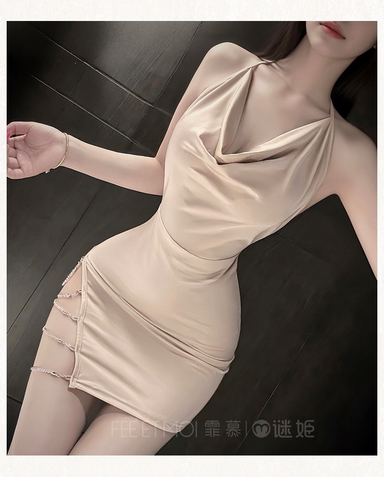 Feimu & Miji Halter Neck Nightdress with Side Slit and Diamond Chain Decoration — detail image 6