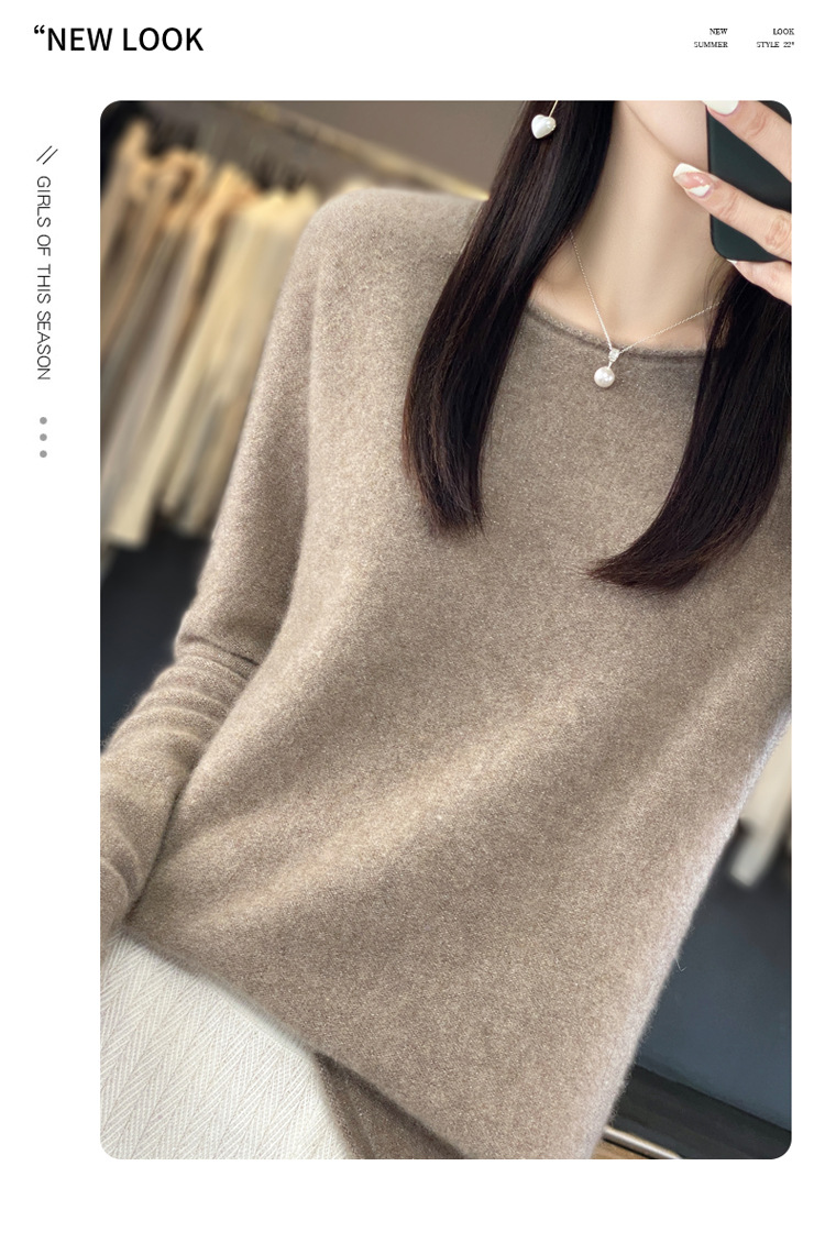 2023年秋冬新款韩版女士纯羊毛圆领卷边长袖纯色套头打底羊毛衫详情31