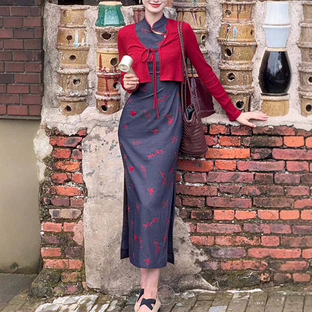 Sujin New Chinese Butterfly Print Modified Qipao For Women, Playful And Cute, Early Autumn National Style Stand Collar_ecoleips.com