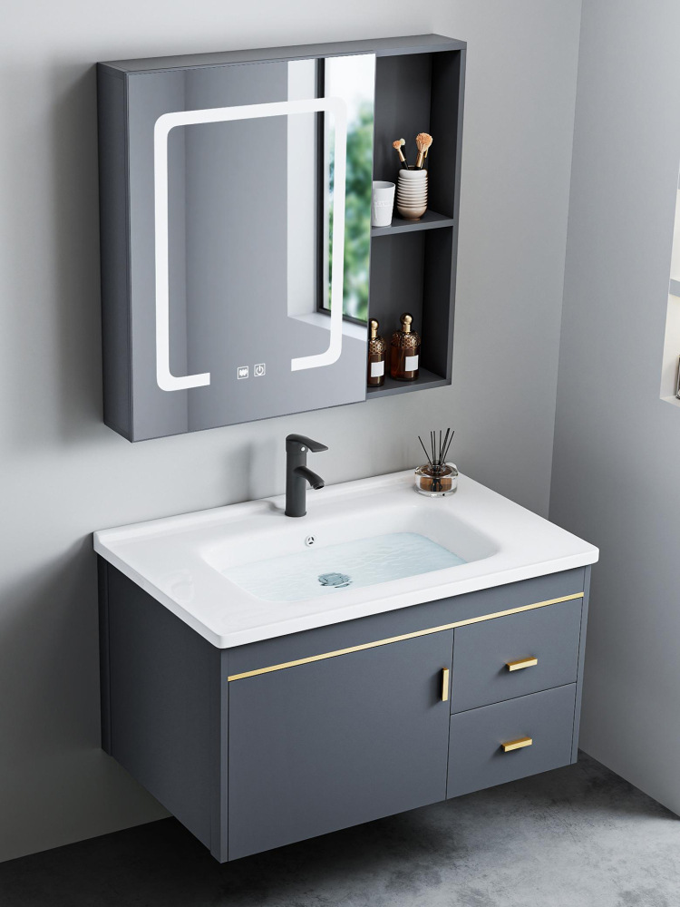 Space Aluminum Washbasin Cabinet Combination Ceramic Integrated Drawer Bathroom Cabinet Household Washbasin Bathroom Washbasin