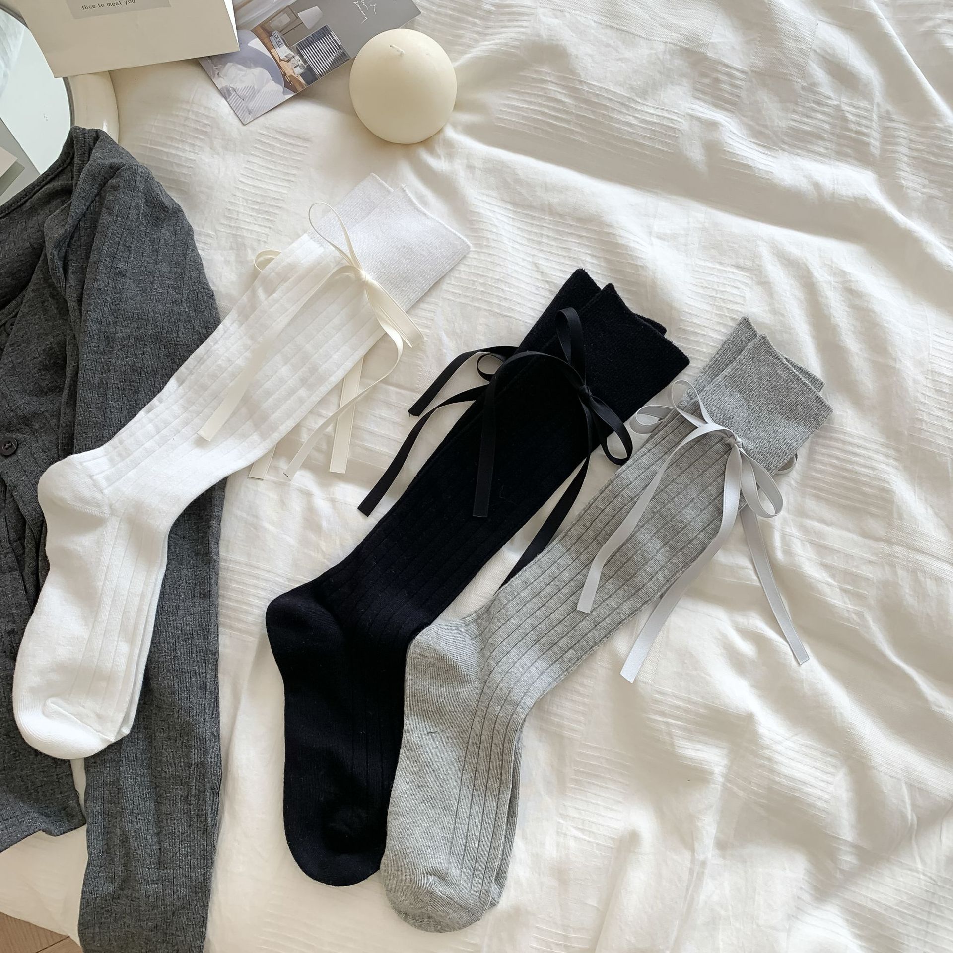 JK lange bein kinder handgemachte accessoires bogen und weiß einfache hohe rohr unabhängige verpackung waden socken kinder_voghion.com