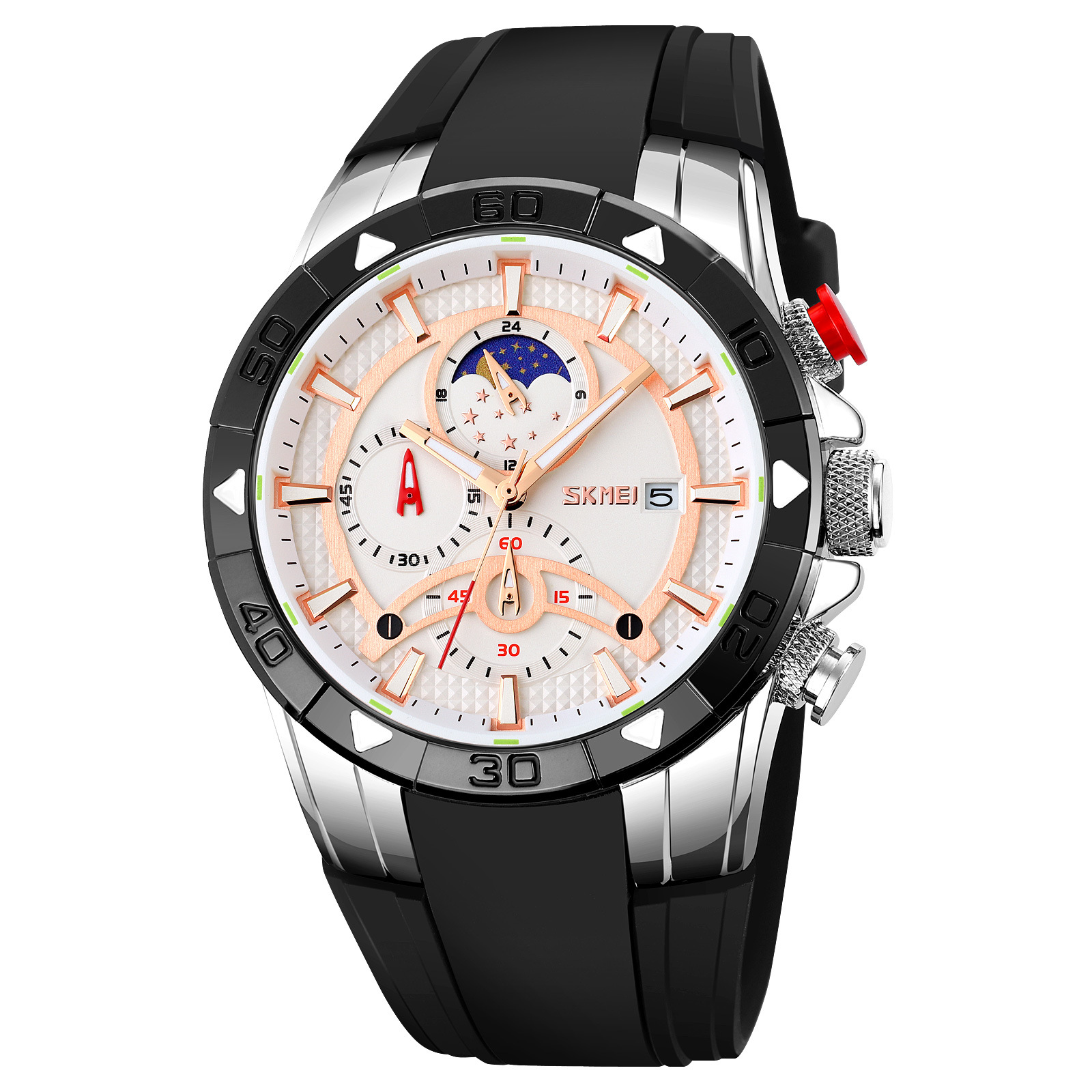 Momentos de belleza para hombres cronógrafo multifuncional de cuarzo muestra fase lunar reloj de pulsera impermeable correa de silicona reloj de deportes transfronterizos para hombres