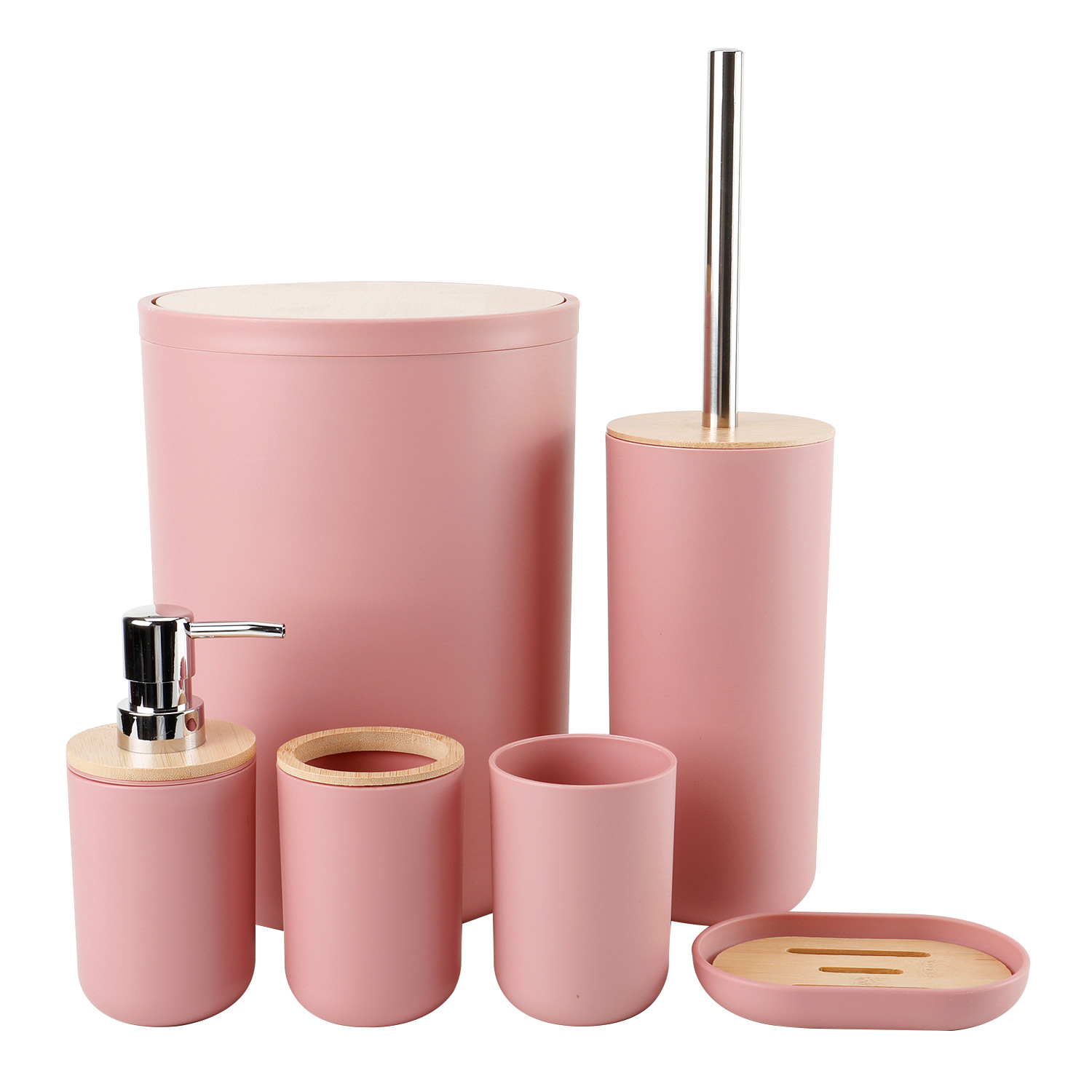 Cubierta de bambú de lavado de baño de plástico de seis piezas de la fábrica al por mayor de almacenamiento de baño estante titular de cepillo de dientes de basura puede