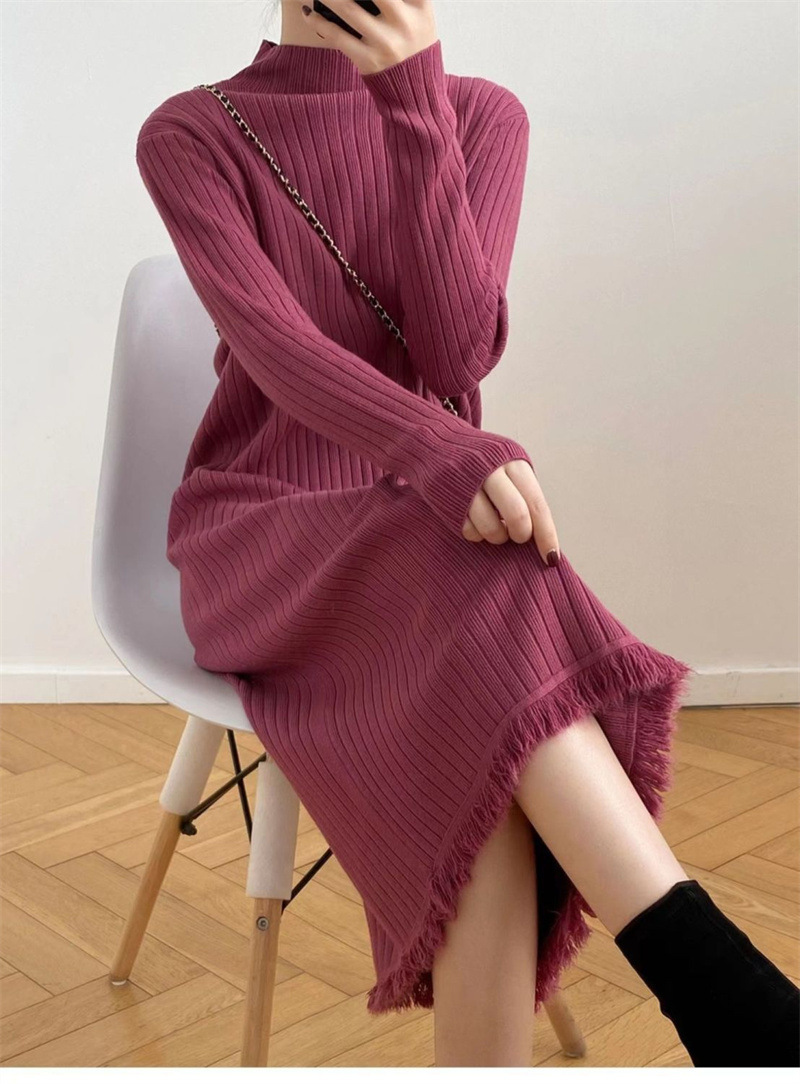 chinese dress ladies Winter Vacation Knitted Tassel Maxi Dress M / Black