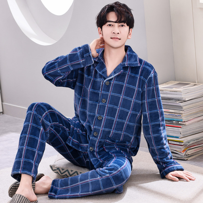 Pijamas de lana de coral coreana para hombres otoño y invierno engrosados franela se pueden usar cardigan de manga larga de invierno conjunto de ropa para el hogar