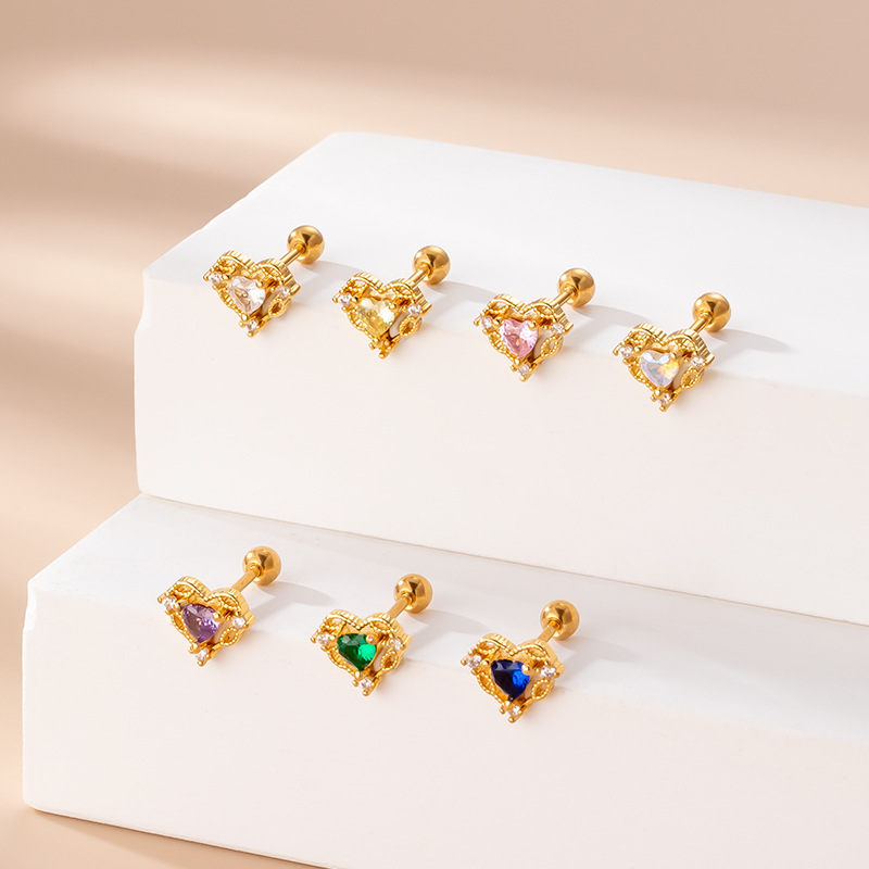 3g Weight Zircon Inlay Material Ear Studs Classification 1 Piece Quantity 1 Piece 316L Stainless Steel Copper Zircon Ear Cartilage Rings & Studs Heart Shape Waterproof Non Tarnish Surgical Steel Women'S