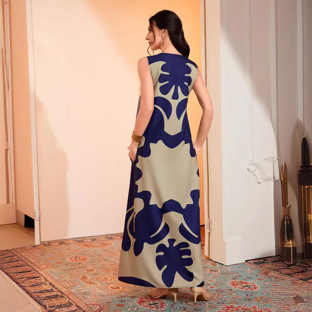 Vestido feminino boêmio longo, estampado, casual retrô, com decote em V e sem mangas, modelo mais vendido de 2024._voghion.com