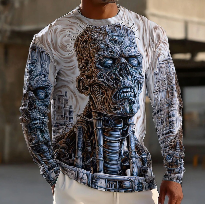 GMABCD Men's Skull Graphic Long-Sleeve T-Shirt – Halloween Print Crewneck - detail 2