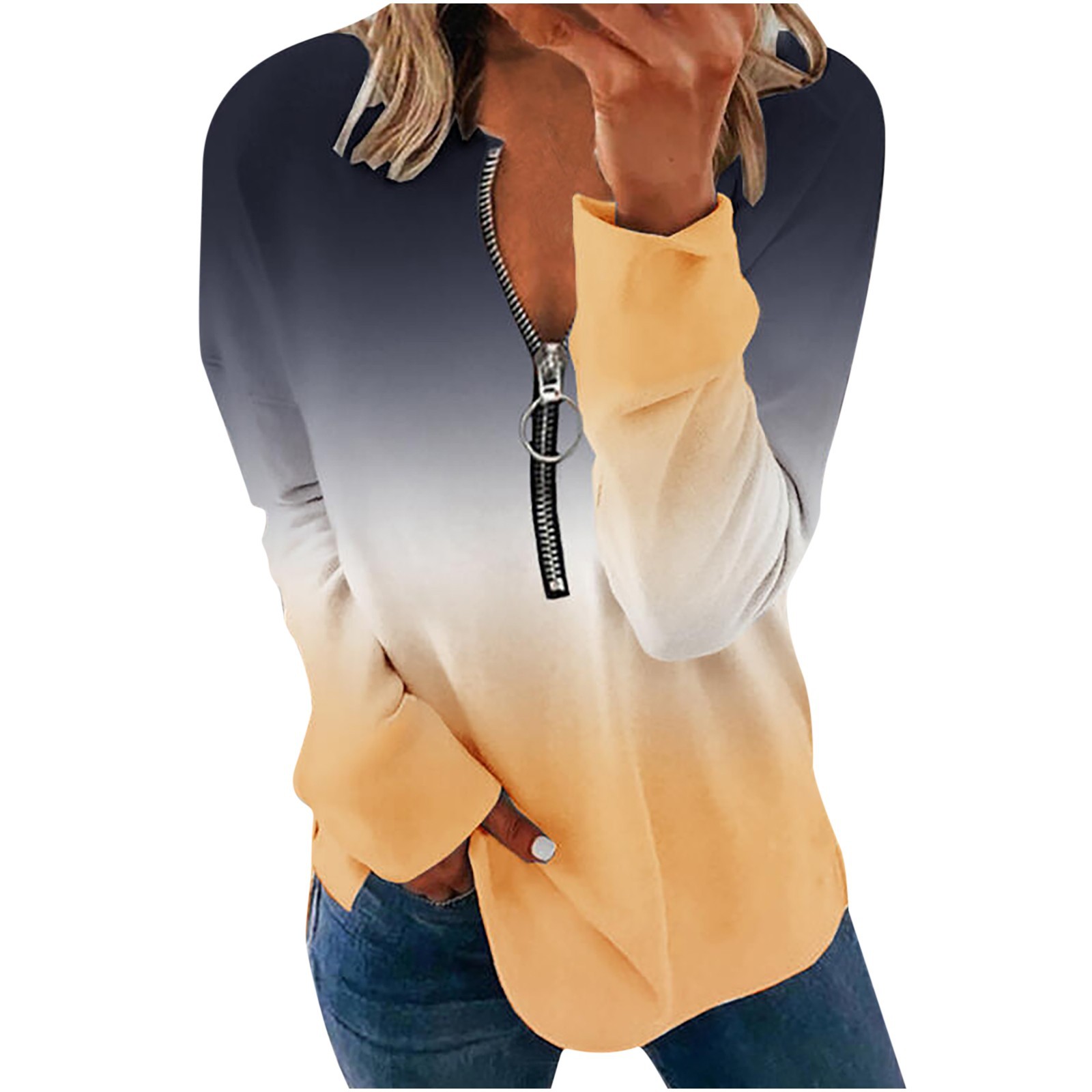 2025 New Women's Round Neck Zipper Long Sleeve Top Gradient Color Printed T-Shirt Sweatshirt For Women_voghion.com