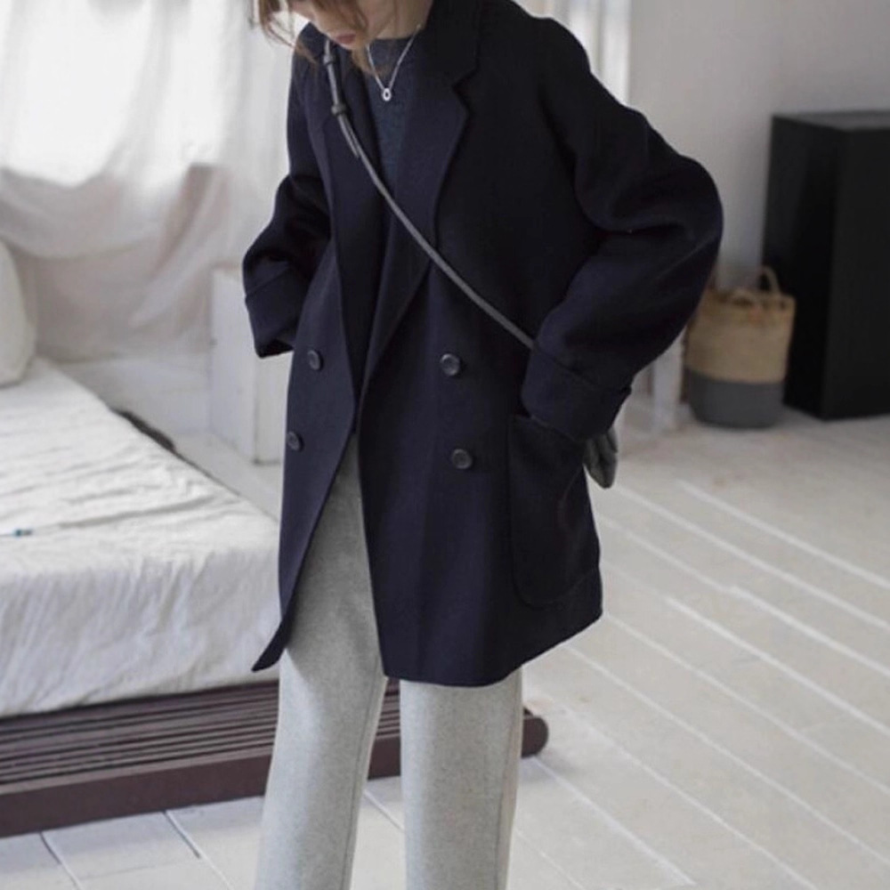 25秋冬新款双面呢羊毛大衣女韩版简约小个中长款宽松西装毛呢外套