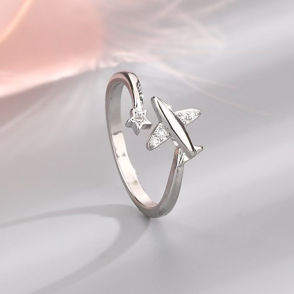 Minimalist Zirconia Airplane Ring Elegant Designer Open Ring_voghion.com