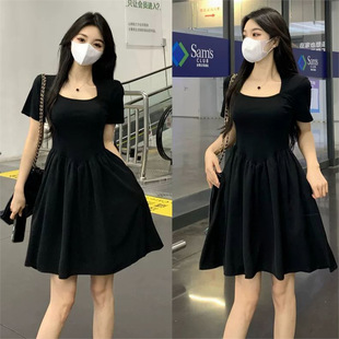 Plus Size Elegant Square Neck Splicing Black Dress for Women Summer Fat mm Petite High Waist Slimming Look A-Line Short Skirt