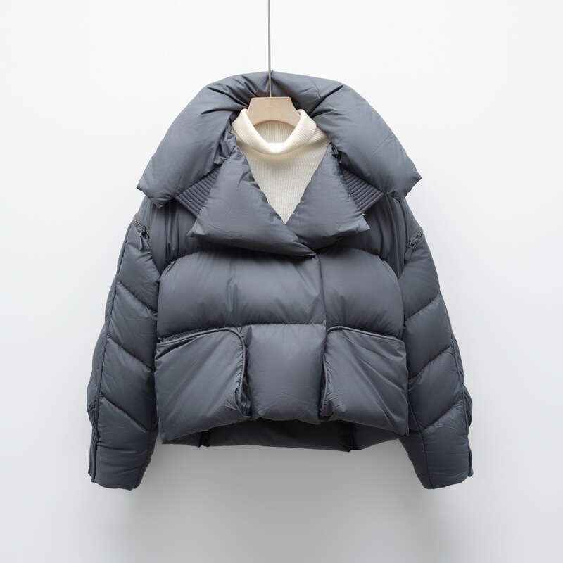 2025冬季新款韩版针织拼接大翻领短款羽绒服女白鸭绒加厚超轻外套|undefined