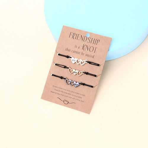 Cross-border New BFF Heart-Shaped Bracelets: 3-Piece Set of Simple European & American-Style Alloy Bracelets, Handcrafted with Waxed Cord Weaving—Wholesale Price