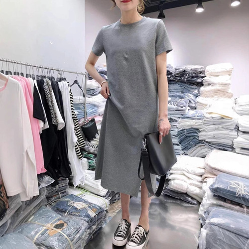 730 Summer Dress for Women - Casual, Abdominal Covering, Plus Size, Loose, Medium Long Length, Knee Covering, Base Layer with Slit, Short Sleeve Tunic Dress