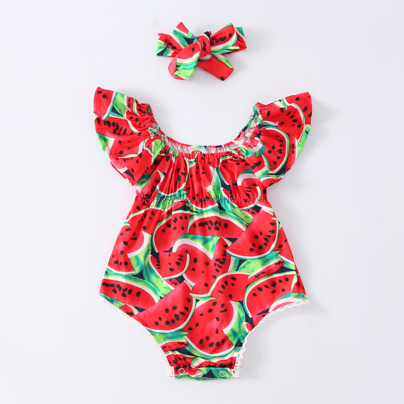 0-2 Years Old Foreign Trade Cotton Baby Romper with Straps, Triangle Bodysuit with Watermelon Print, Comfortable Pure Cotton