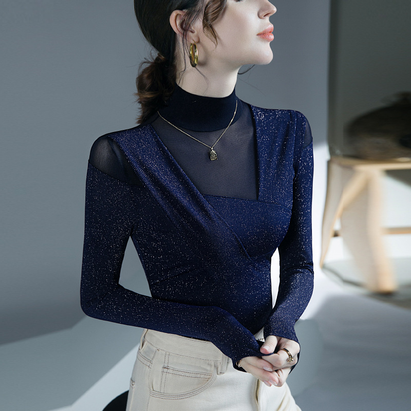 设计感网纱上衣秋冬新款内搭打底衫亮丝洋气欧货小衫