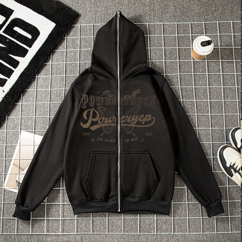 Trendy Simple Design Butterfly Letter Print Full Face Zipper Sweatshirt Casual Loose Sweatshirt