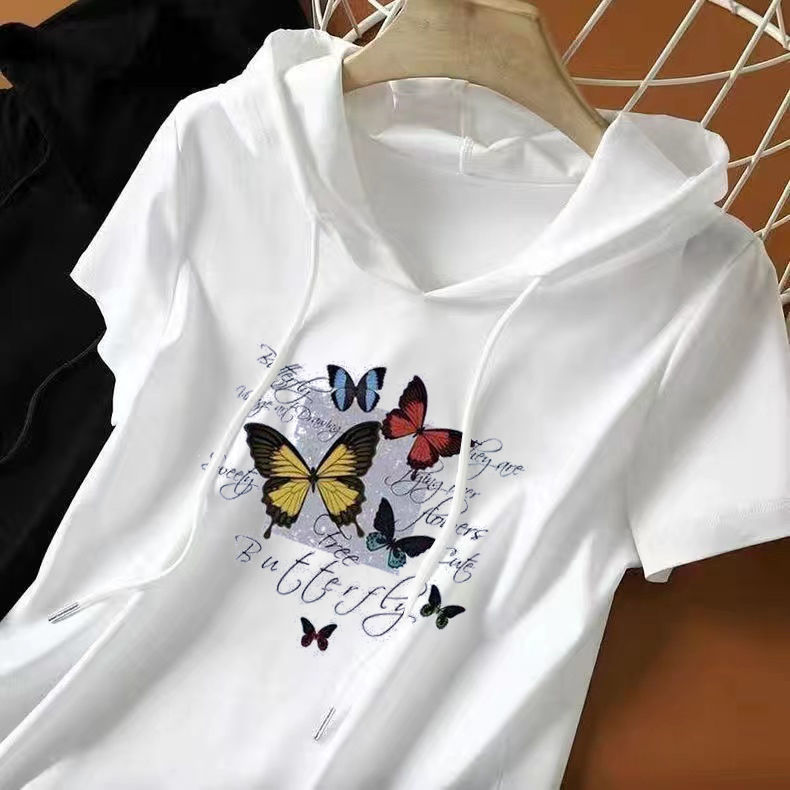 Hooded White Short-Sleeved Sweatshirt for Women Plus Size Women's Clothing 2026 Summer New Korean Style Loose and Versatile T-Shirt Top Trendy