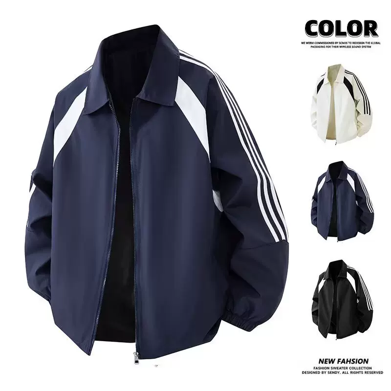 十一服装美式复古三条杠夹克男百搭宽松翻领外套男潮牌拼接夹克男