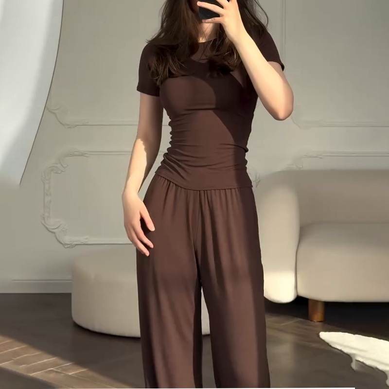 2025 夏のヨーロッパとアメリカの女性の新しいファッションラウンドネックスリムカジュアル多用途ルーズストレッチワイドレッグパンツスーツ女性のための|undefined