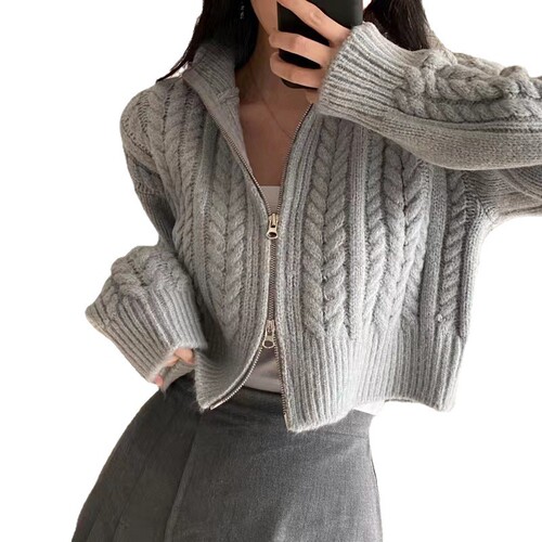 Autumn/Winter New Korean Style Retro Chic Student Solid Color Crochet Cardigan for Women with Double Zipper Knit Top