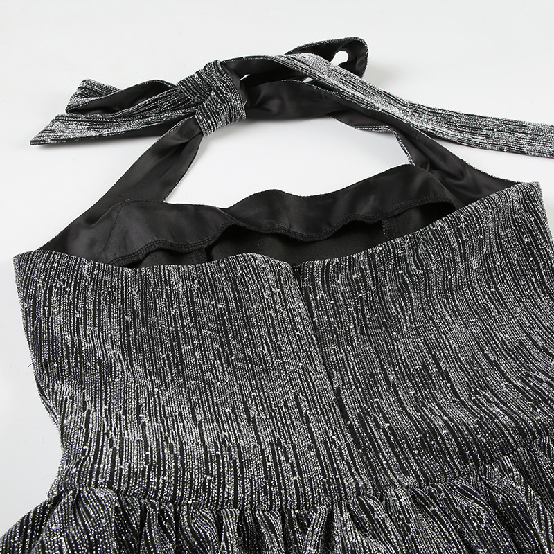 Bright Silk Thin Glittering Halter Dress Tube Top Cinched Waist A line Puffy Puffy dress