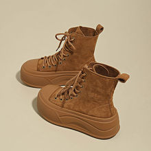 厚底高帮帆布鞋女新款秋季复古小众超火翻盖运动休闲板鞋两穿平底