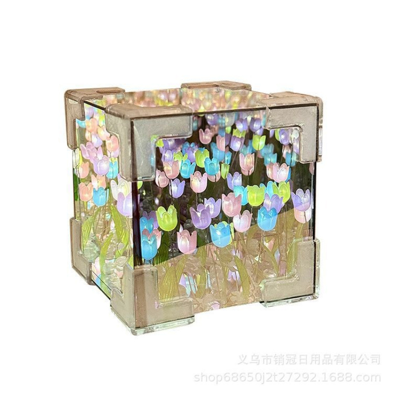 Kit de Materiales para Hacer una Lámpara de Noche con Espejo 3D en Forma de Cubo de Mar de Flores para el Día de San Valentín, Regalo Creativo de Cumpleaños para Novia