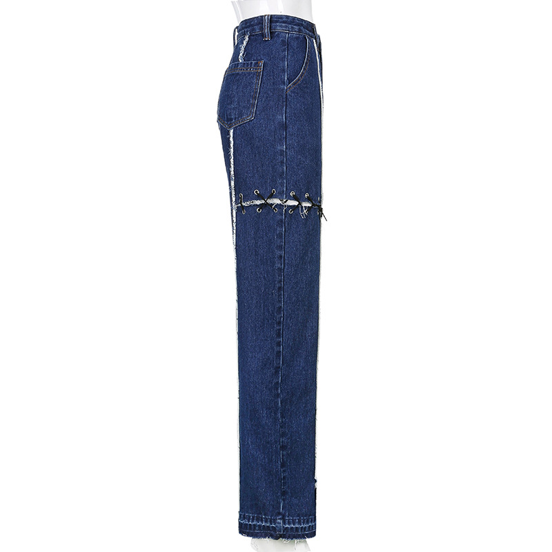 hollow slit straight wide-leg jeans NSLQ39319