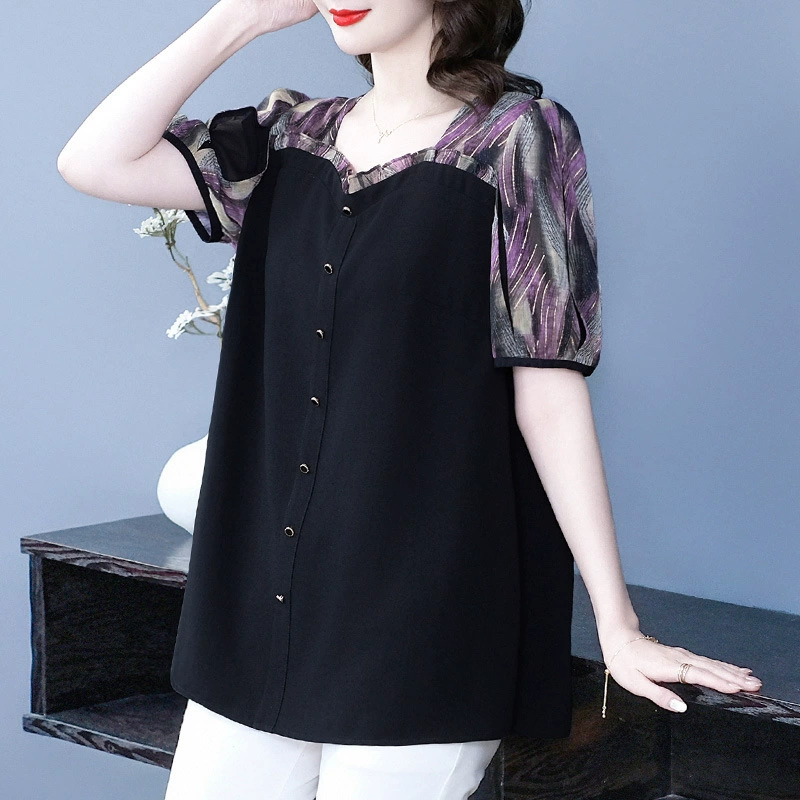 Новая летняя мода больших размеров 125kg для полных мам, утягивающая кружевная шифоновая блузка с маленькими лацканами, женский топ.