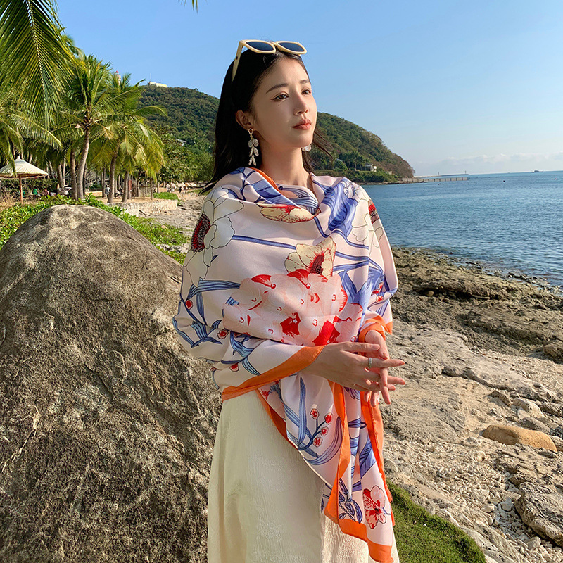 2023 Natural Elegant Beach Towel Seaside Travel Photo Long Multifunctional Shawl Sunshade Sunscreen Silk Scarf for Women