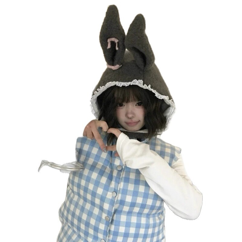 甜美可爱兔子耳朵毛绒帽子女秋冬保暖护耳雷锋帽显脸小加厚套头帽|undefined