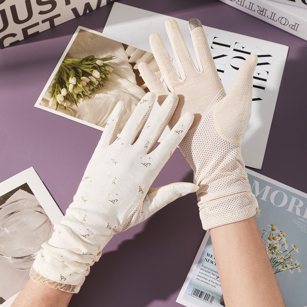 Guantes de protección solar para mujer en verano, protección UV, longitud extendida, hilo de algodón, para conducir y andar en bicicleta, pantalla táctil, antideslizantes, guantes finos de encaje