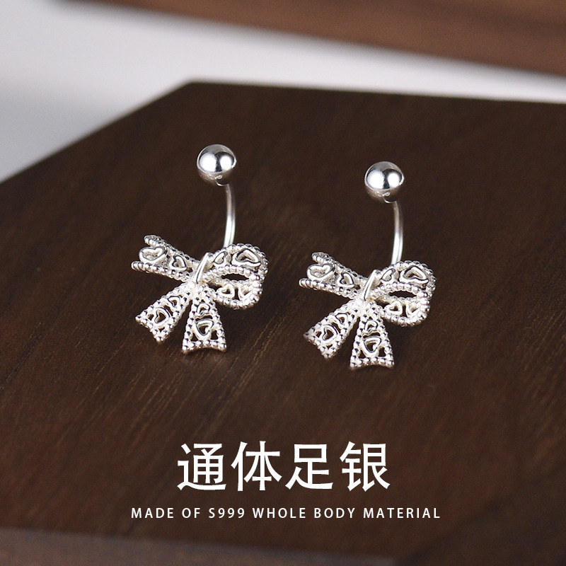 S999純銀耳釘女蝴蝶結小清新甜美耳骨釘韓版擰扣時尚養耳洞飾品
