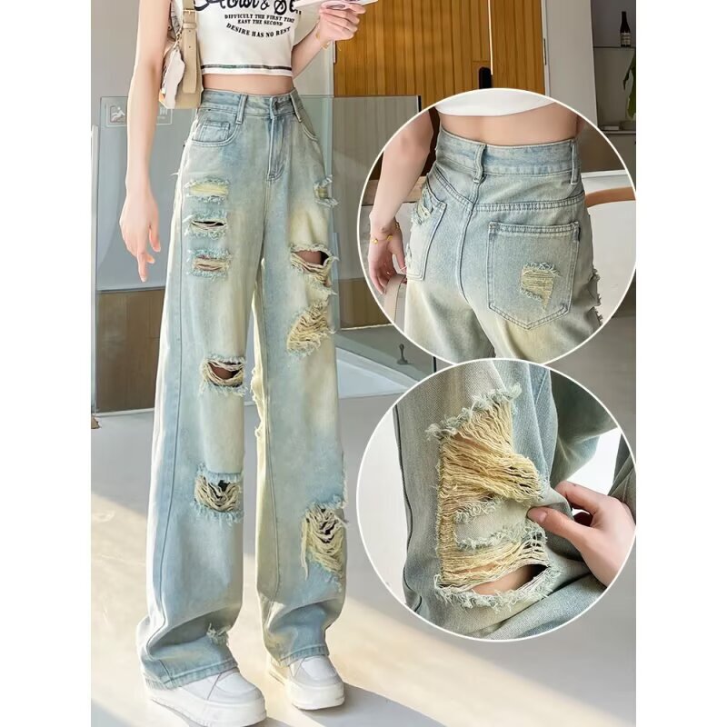 Ripped Straight-Leg Jeans for Women 2025 Summer New Stylish Design Loose Trendy Distressed Wide-Leg Pants