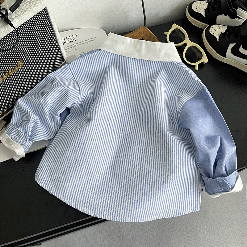 Chaqueta de camisa de costura a rayas de primavera y otoño para niños, chaqueta de camisa de solapa de todo fósforo con bordado de dibujos animados de manga larga para niños
