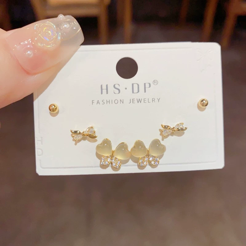 Серебряная игла, короткий цирконий, универсальные серьги, набор, образец серебра 925, микроинкрустация, японская и корейская стили, простой и элегантный дизайн, набор из 3 шт.