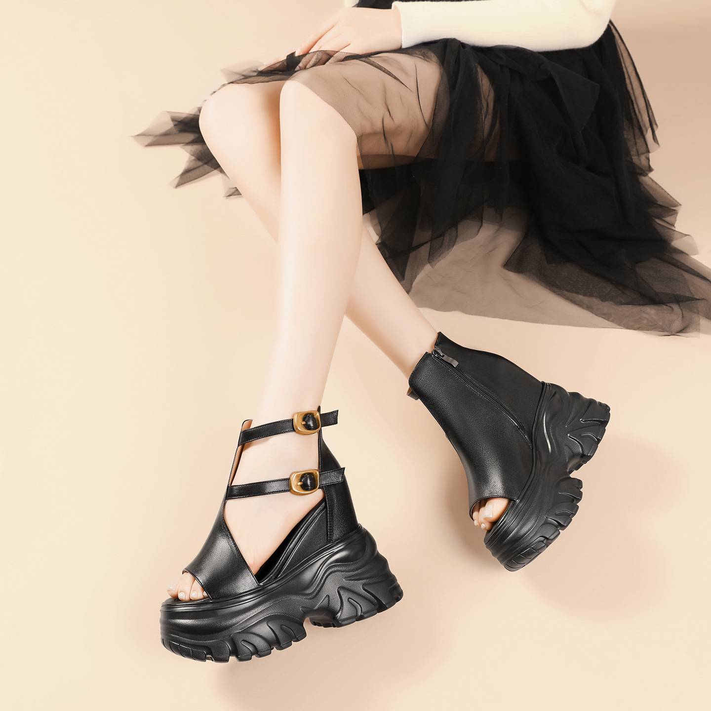 Sandal cao gót nữ mũi hở phong cách La Mã đế xuồng gót 14 cm — màu nâu, màu đen