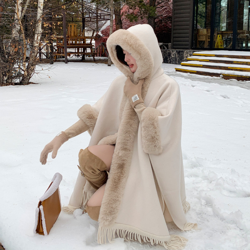Korean Style Shawl Autumn and Winter New Solid Color Cloak Thickened Warm Jacket fleece-lined Extra Large Fur Collar Hooded Cloak All-match