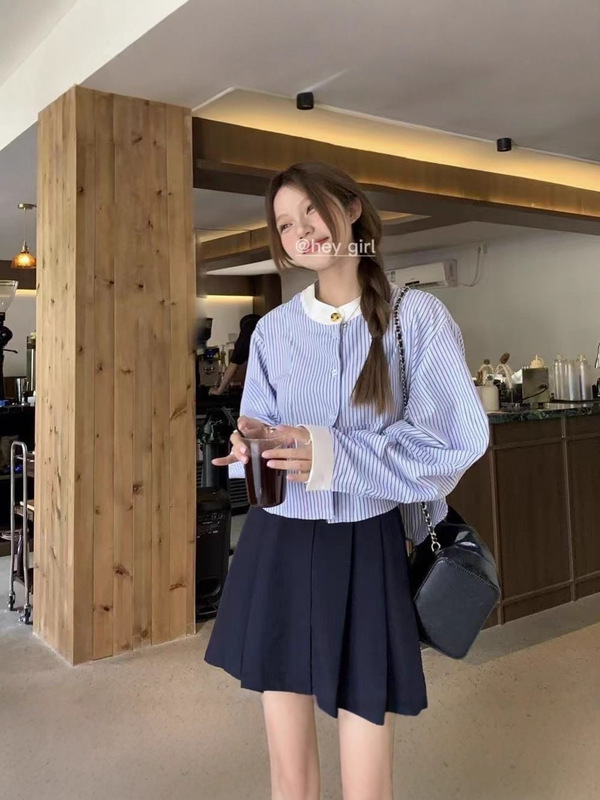 条纹长袖衬衫女春秋季防晒休闲宽松短款外套慵懒风高质量跨境批发|undefined